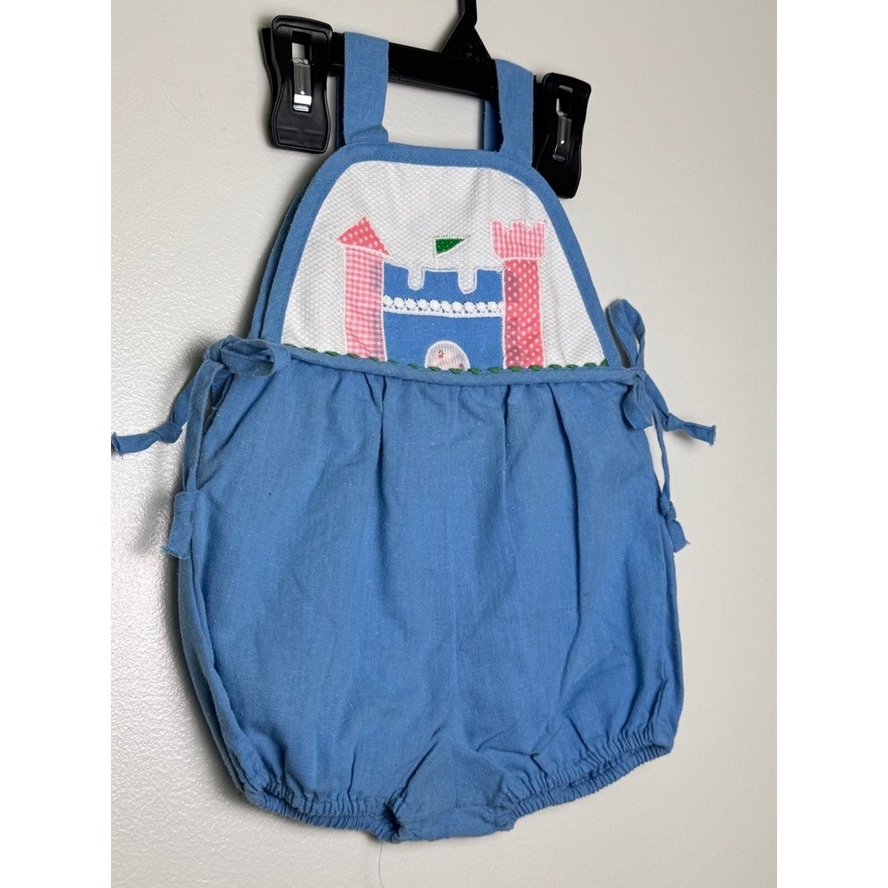 Vintage Ruth Scharf Blue Castle Applique Bubble Sunsuit Kids 3T Made in USA
